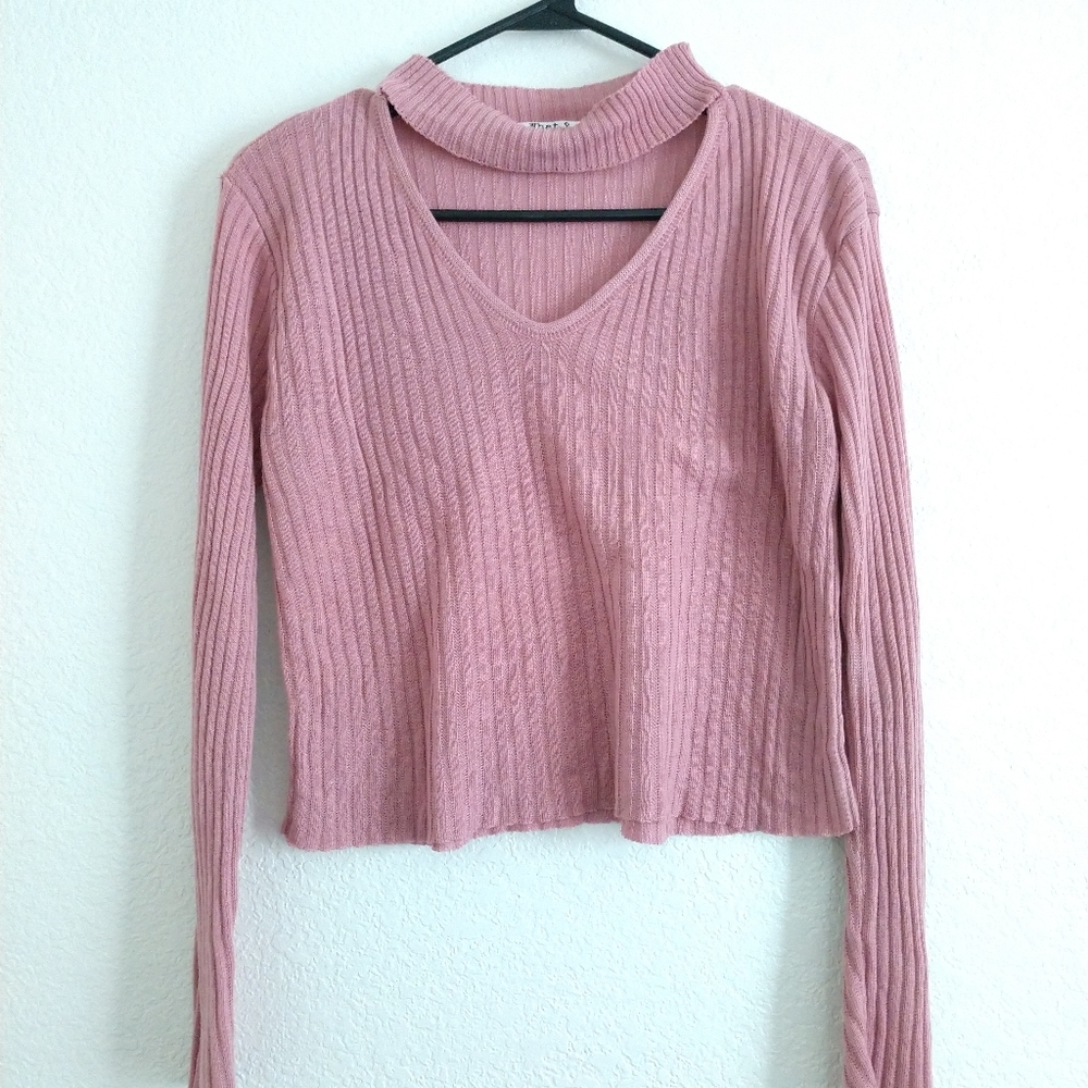 Choker Keyhole Neckline Sweater Pink Cropped Crop Long Sleeve Juniors Large
